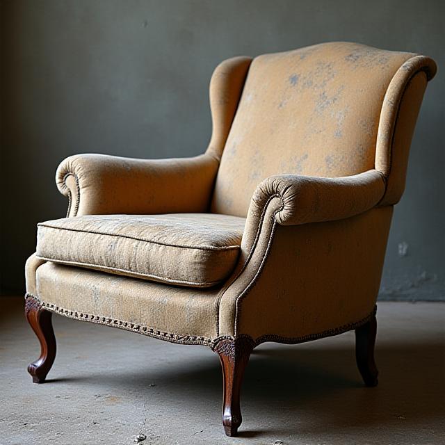 Vecchia poltrona Bergère con tessuto usurato e sbiadito.