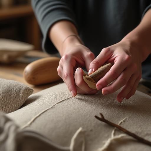 Mani di un artigiano che lavorano su un dettaglio di tappezzeria.
